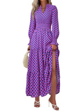 PrettyGarden Women's Plaid Blue Pink Sleeve V Neck A Line Flowy Maxi Long Dress